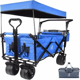 Collapsible Wagon cart with Removable Canopy, Large All Terrain Wheels, Brake, Adjustable Handles,Cooler Bag,Blue