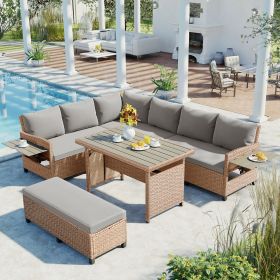 5-Piece Outdoor Patio Rattan Sofa Set; Sectional PE Wicker L-Shaped Garden Furniture Set with 2 Extendable Side Tables; Dining Table and Washable (Color: Brown)